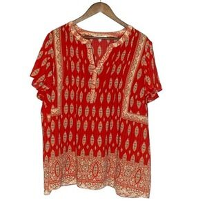 Rose & Olive Popover Blouse Top Womens Size 2X Red Boho Floral Colorful Casual